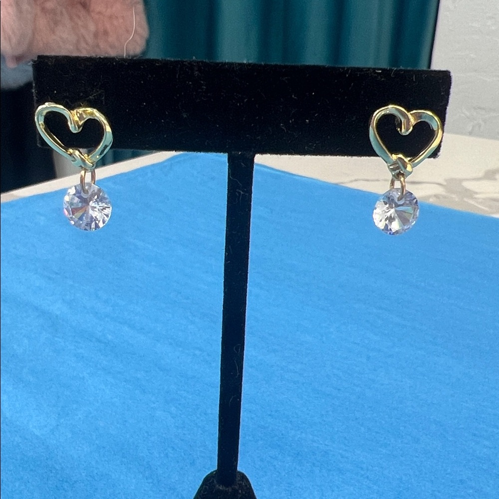 Gold Heart Earrings with Clear Gemstone
